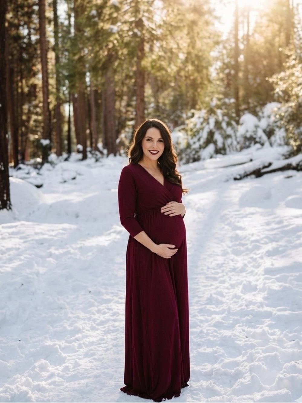 Mother Bee Maternity Maroon Burgundy Faux Wrap Maxi Dress M